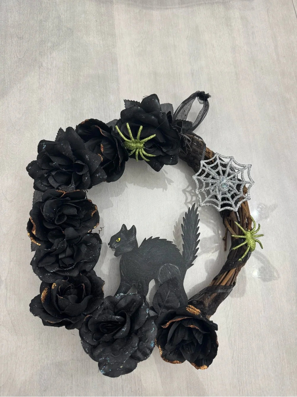 Handmade Black Cat and Spiderweb Halloween Wreath